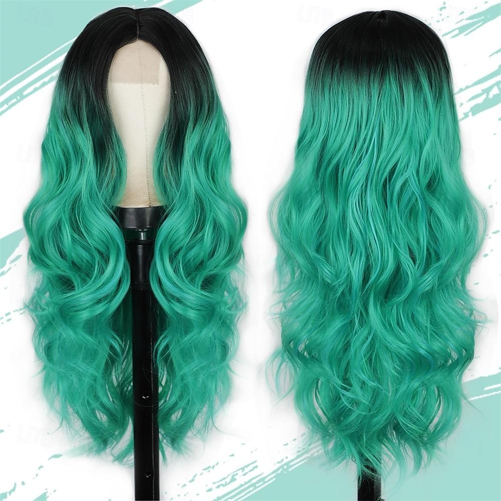 Perruque longue ondulée pour femme - Vert ombré - Partie centrale - Bleu sarcelle - Cheveux synthétiques longs bouclés résistants à la chaleur avec naissance des cheveux naturelle - Pour cosplay, de 2025 ? $21.99 –P2