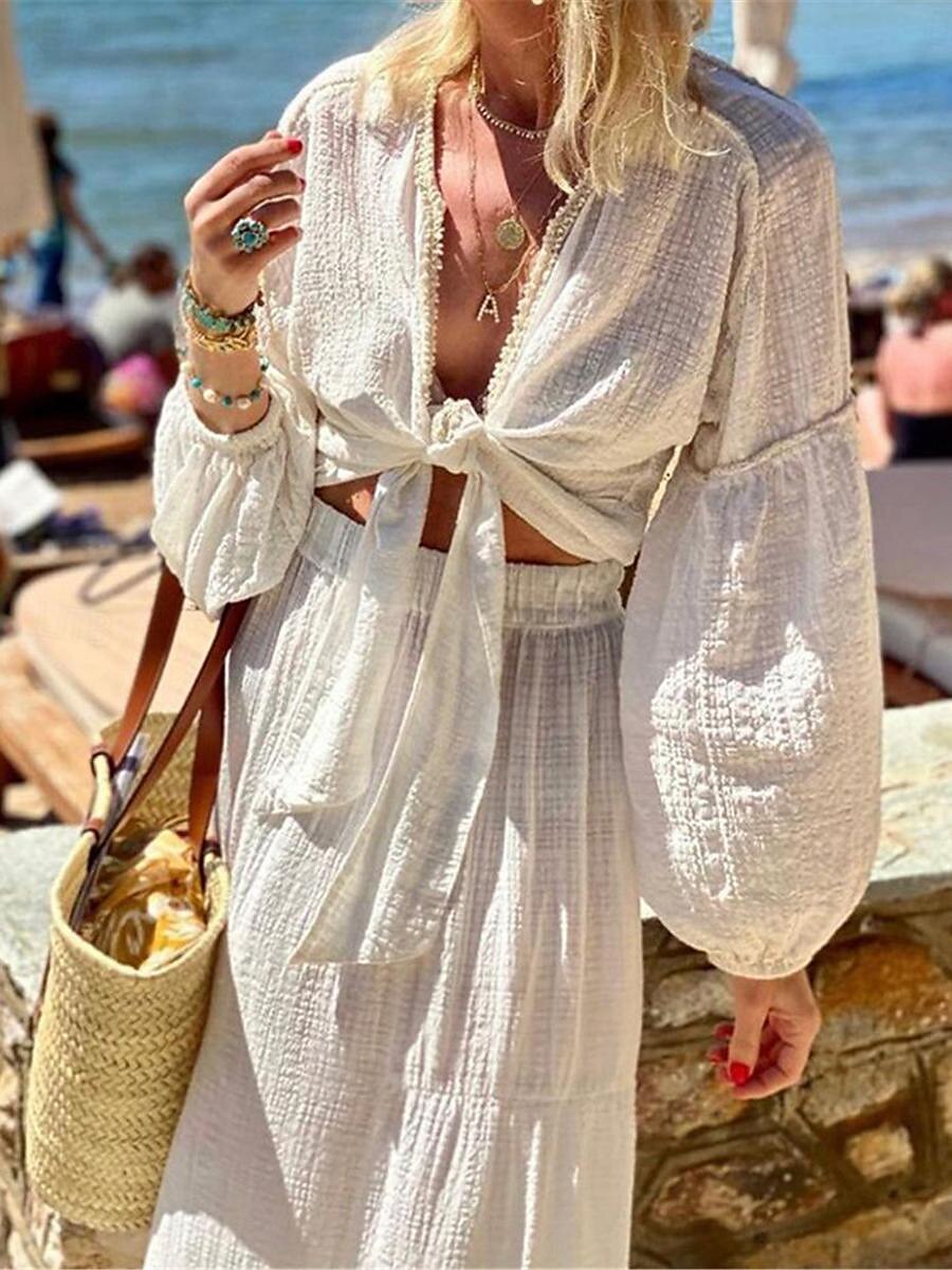 Damen Kleid-Set Weißes Kleid Schaukelkleid Boho Glatt mit Schnürung Rüsche kleid lang Langarm V Ausschnitt Urlaub Strand Weiß Sommer Frühling Regular Fit 2025 - $52.99 –P3