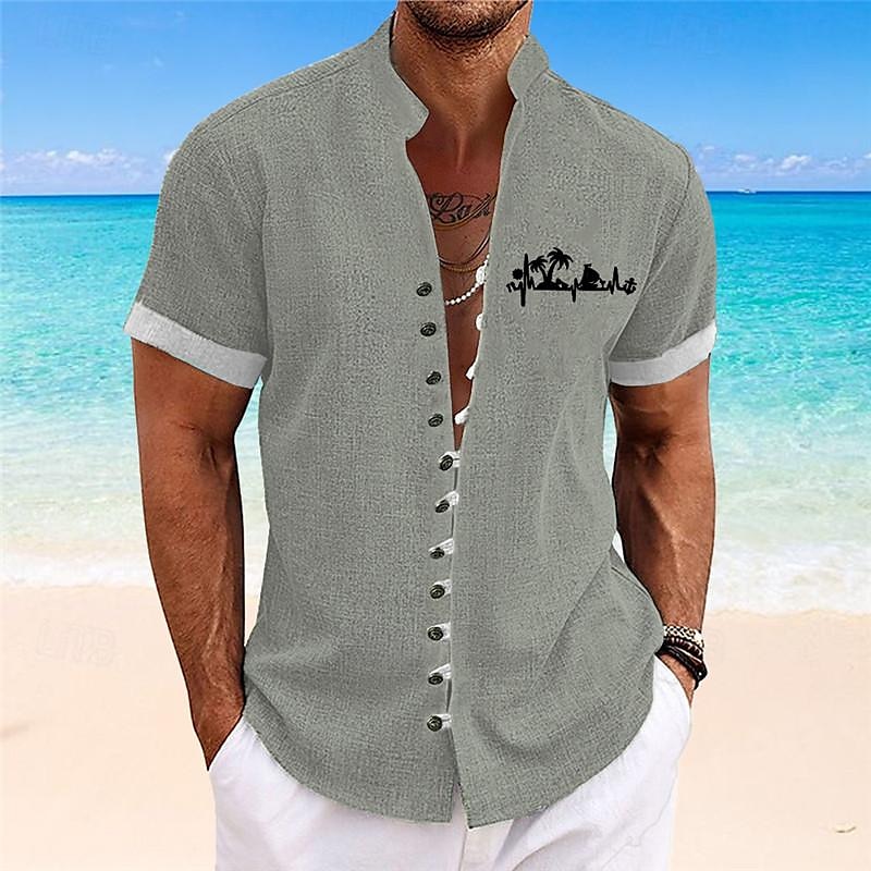 Voor heren Palmboom Tropische planten Hawaiiaans overhemd Aloha-shirt Bedrukte overhemden Korte Mouw Overhemd Opstaande boord Hawaii Toevlucht Buiten Vakantie Uitgaan blauw Groen Grijs S M L 2025 - $24.99 –P10