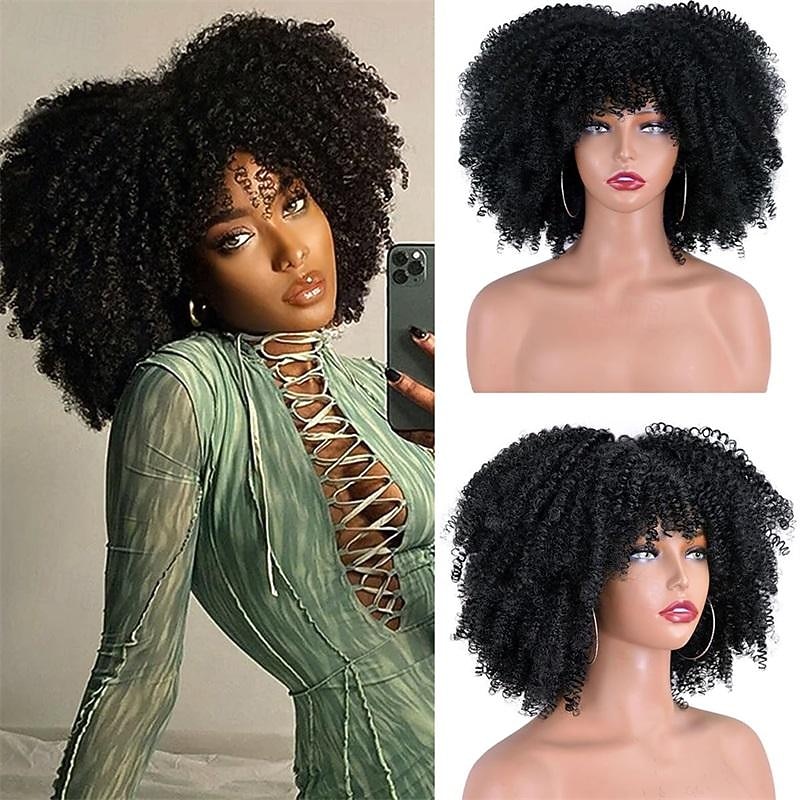 Afro Kinky Curly Wig with Bangs 12 Inches Synthetic Full Wigs Heat Resistant Short Kinky Curly Wigs for Daily Party Halloween Wigs 2025 - $21.99 –P1