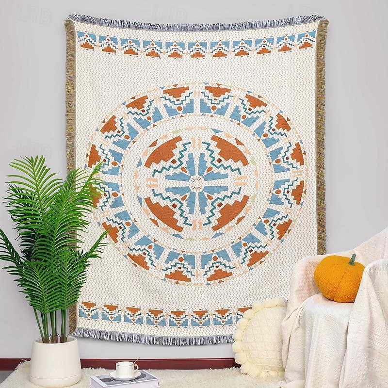 Boho-Mandala-Fadendecke, ländliche Geometrie, Sofa-Hängeteppich, gestrickte Sofadecke aus Baumwolle 2025 - $13.99 –P7