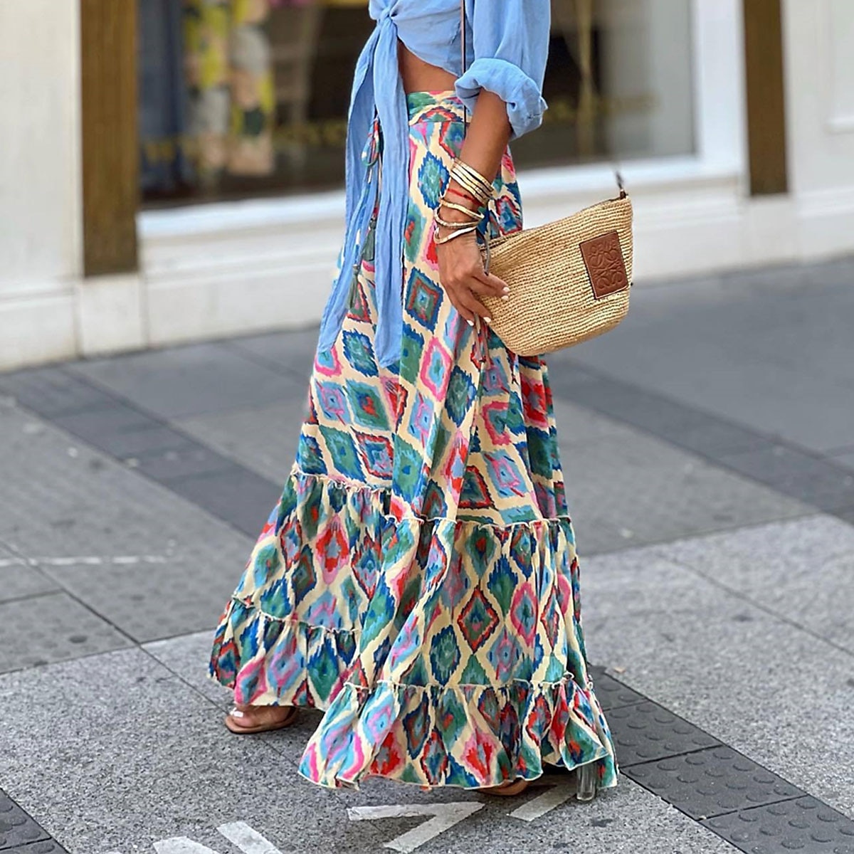 dámská sukně linka swing dlouhá sukně maxi vysoký pas sukně volánkový potisk květinový geometrický denní dovolená letní móda ležérní boho růžová modrá zelená světle modrá 2025 - $26.99 –P11
