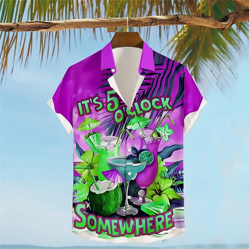 Men's Letter Parrot Drink Shirt Summer Hawaiian Shirt Aloha Shirt Short Sleeve Shirt Turndown Vacation Hawaiian Resort Style Outdoor Vacation Hawaiian Blue Sky Blue Purple S M L 2025 - $24.99 –P11
