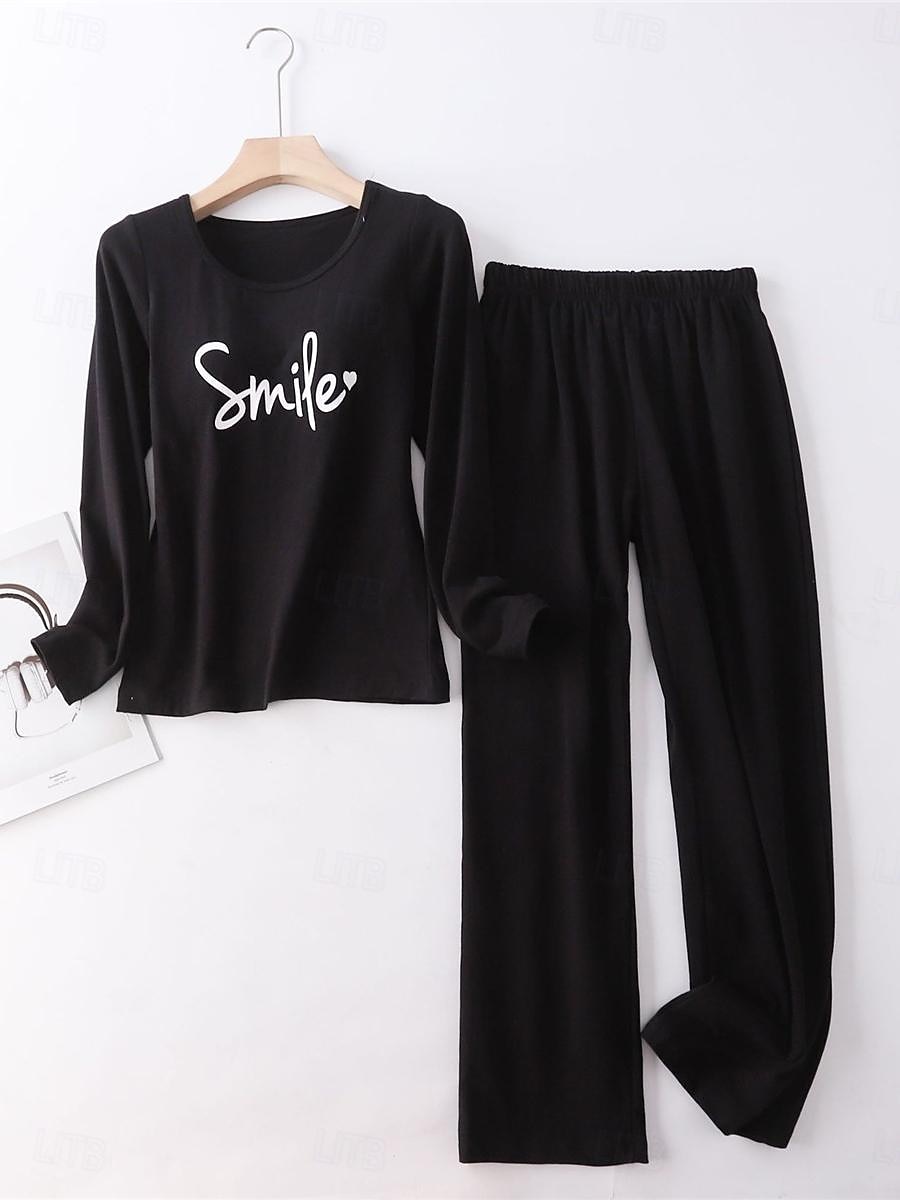 kvinnors pyjamasset brev mode komfort hem daglig säng bomull andas rund hals långärmad t-shirt t-shirt byxa bröstkuddar sommar vår hem outfits 2025 - $25.99 –P5