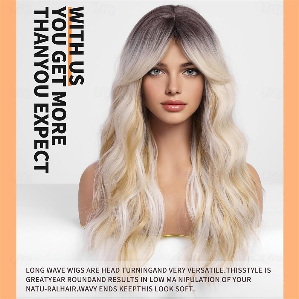ombre vuile blonde pruiken met ponyblond lang golvend pruik voor dameslang krullend synthetisch haar pruik voor feest dagelijks gebruik 24in 2025 - $29.99 –P3