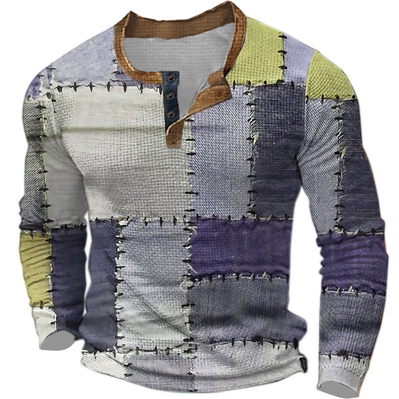 Ανδρικά Καρό Μοτίβο Faux Patchwork Πουκάμισο Henley Μπλουζάκι βάφλα Μακρυμάνικο 3D εκτύπωση Υψηλής Ποιότητας Ρετρό / Βίντατζ Καθημερινό Υπαίθρια Αθλήματα Αργίες Φεστιβάλ Άνοιξη & Χειμώνας 2026 - $26.99 –P3