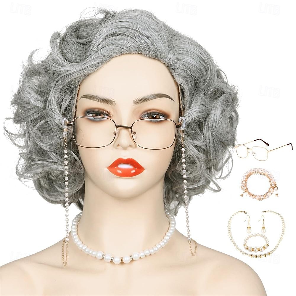 ColorGround Old Lady Granny Silver White Curly Wig 100 Days of School 2026 - $26.99 –P9