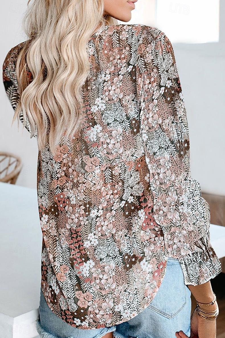camicia da donna camicia boho camicetta moda floreale geometrico con lacci stampa manica lunga top regolari scollo a V casual festa nero bianco rosa vino rosso primavera& autunno del 2025 a $27.99 –P5