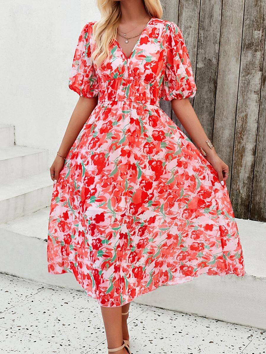 robe décontractée pour femme imprimé floral col en V robe midi ethnique bohème vacances manches courtes été de 2025 ? $29.99 –P5