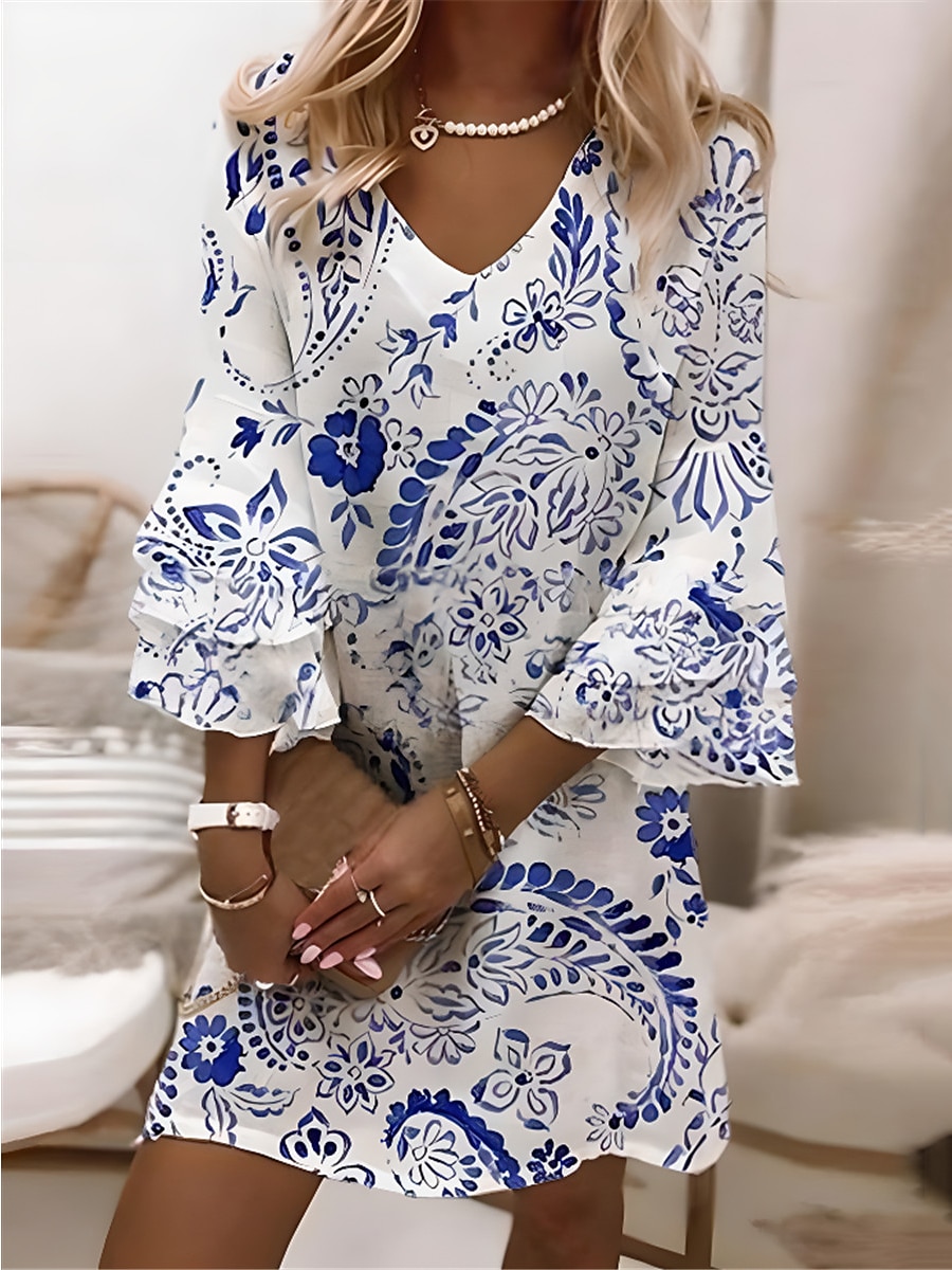 Kvinne Mini Kjole Casual Kjole Semi Formell Kjole Petite Kjole Sundress Streetwear Ruffle Erme Ferie Gate Date Regular Fit Blomster 3/4 Lengde Erme V Utringning Hvit Rosa Blå Lilla 2025 - $46.99 –P4