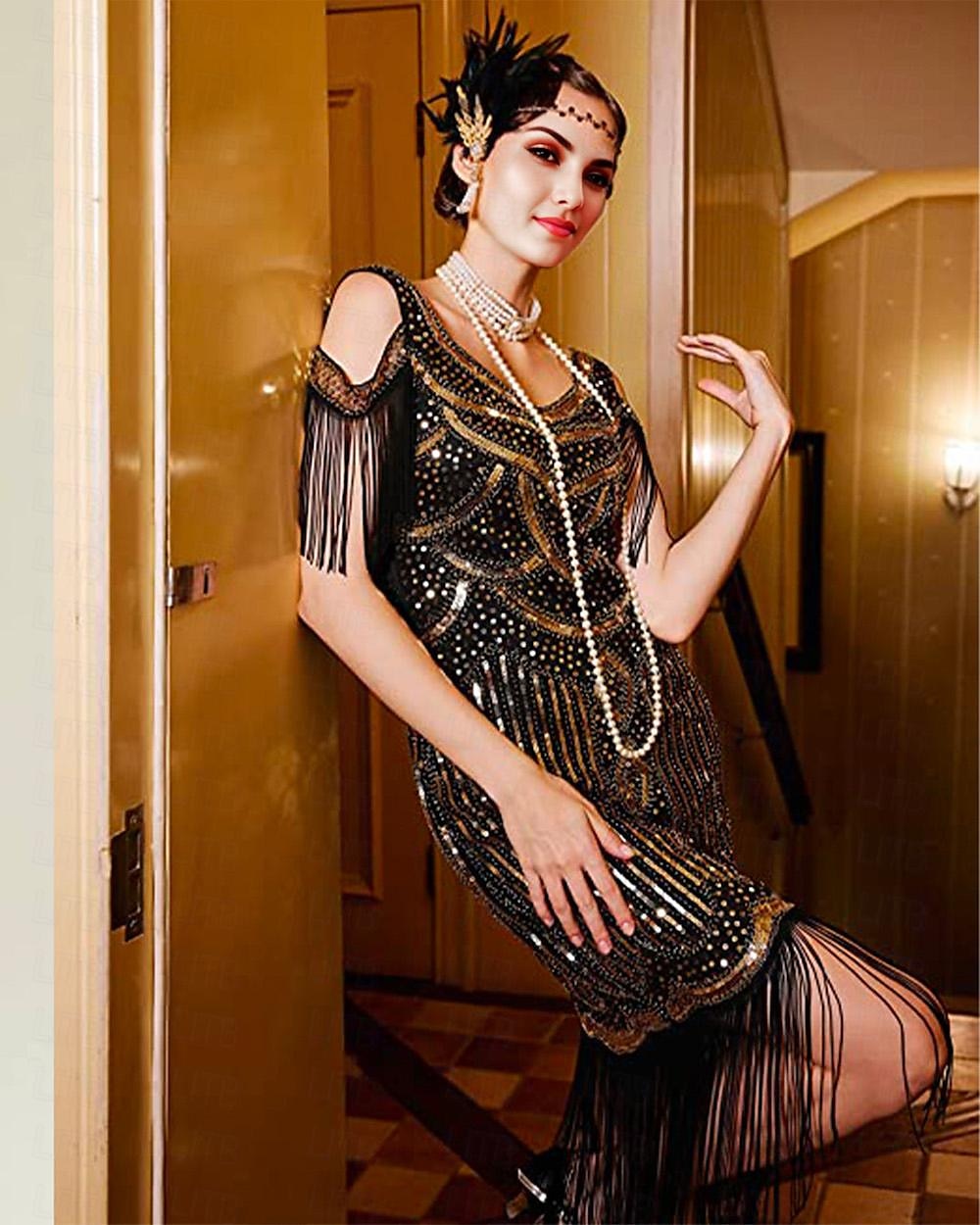 Retro Řvoucí 20s 20. léta 20. století Bubenové šaty Šaty Úbory Velký Gatsby Svatební host Flitry Třásně Dámské Večírek Plesová maškaráda Svatební hostina Dospělé Šaty Rukavice Náušnice Jaro léto Cel 2025 - $70.99 –P2