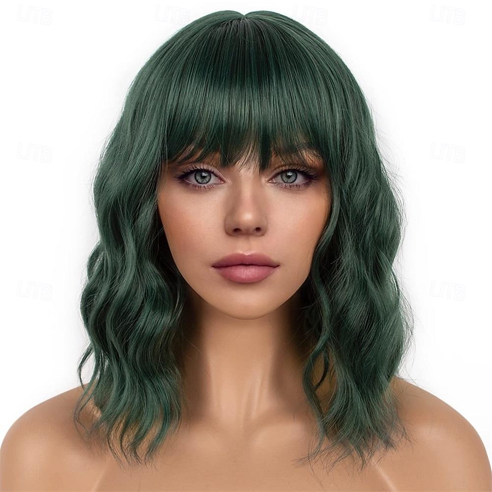 Perruques courtes bob vert foncé avec frange pour femmes perruque ondulée lâche perruque bouclée ondulée perruque synthétique de longueur d'épaule pour filles perruques de costume colorées perruques de 2025 ? $18.49 –P5