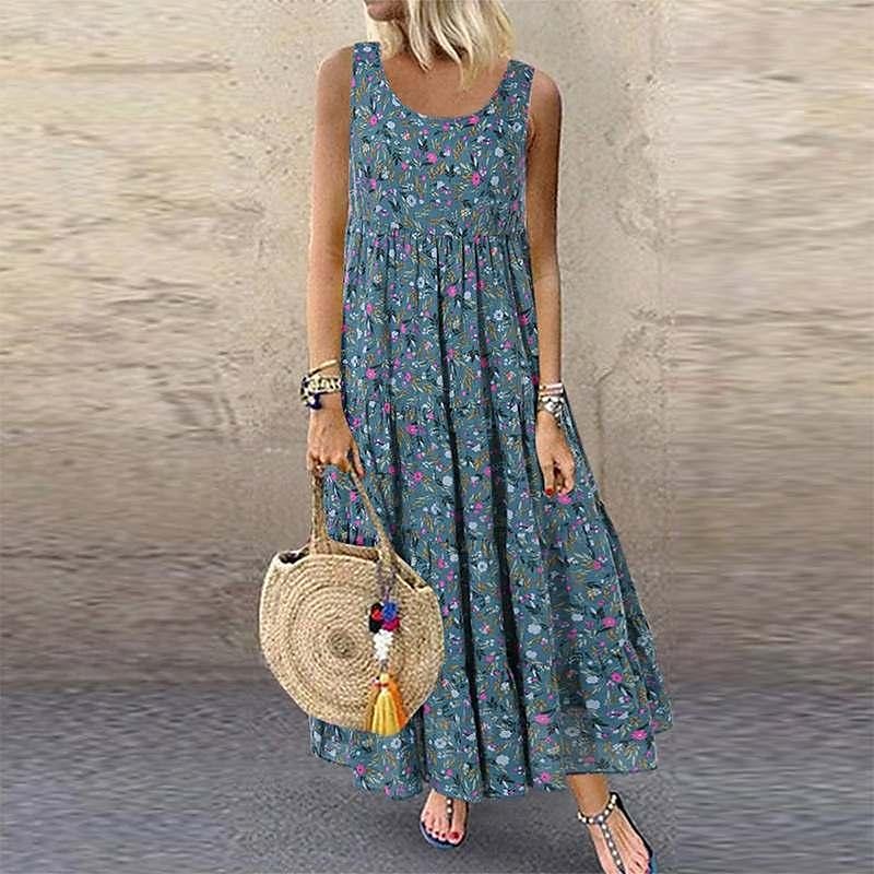 abito lungo da donna senza maniche scollo rotondo stampa floreale vita impero svolazzante estivo casual abbigliamento da spiaggia multicolore taglia unica del 2025 a $35.99 –P1