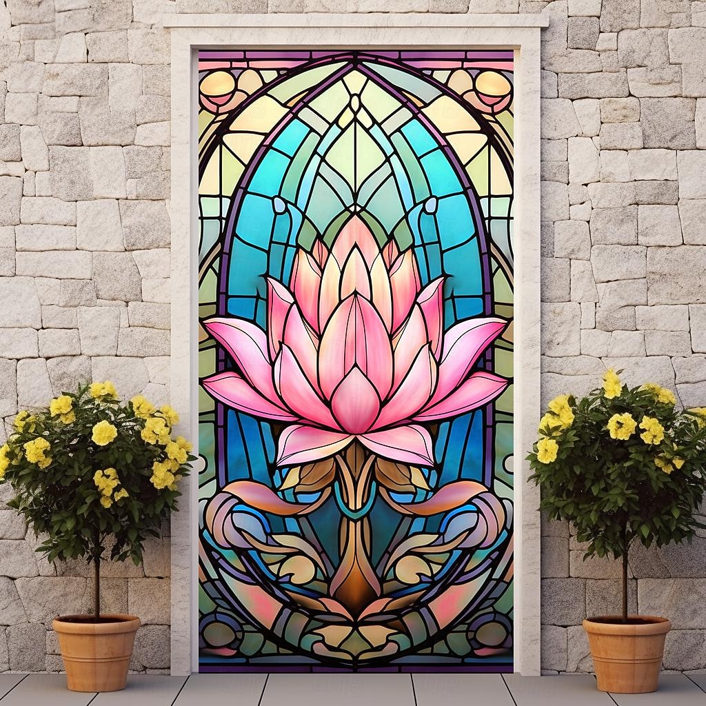 2026年 ステンドグラス蓮のドアカバー壁画装飾ドアタペストリードアカーテン装飾背景ドアバナー玄関ドア用取り外し可能屋内屋外ホームルーム装飾農家の装飾用品  コレクション – $26.99 –P7