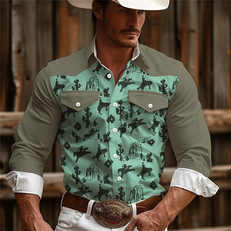 Men's Cowboy Western Shirt Button Up Shirt Cowboy Shirt Long Sleeve Vintage Western Style Daily Wear Weekend Spring Fall Winter Turndown Collared Shirts 3D Print Front Pocket Blue Brown Khaki 2025 - $32.99 –P9