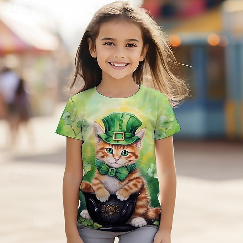 St. Patrick Girls' 3D Cat Four Leaf Clover Tee Shirt Short Sleeve 3D Print Summer Active Fashion Cute Polyester Kids 3-12 Years Crew Neck Outdoor Casual Daily Regular Fit 2025 - $11.99 –P3