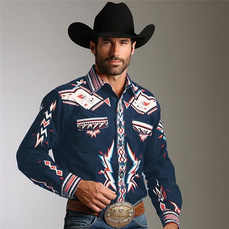 Per uomo Geometria Camicia Western Camicia da cowboy Manica Lunga Vintage Stile Western Abbigliamento quotidiano Uscire Weekend Primavera Collo ripiegato Tasca Stampato Bottonato Nero Blu marino del 2026 a $28.99 –P3