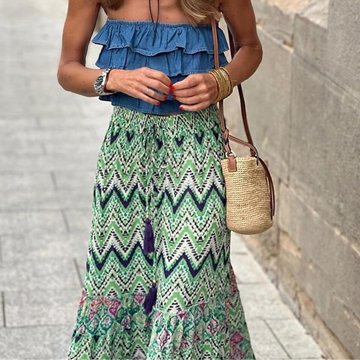 kvinners skjørt a line swing bohemia maxi skjørt med høyt midje blomsterprint geometrisk farge blokk street ferie sommer uformelt boho grønn 2025 - $26.99 –P2