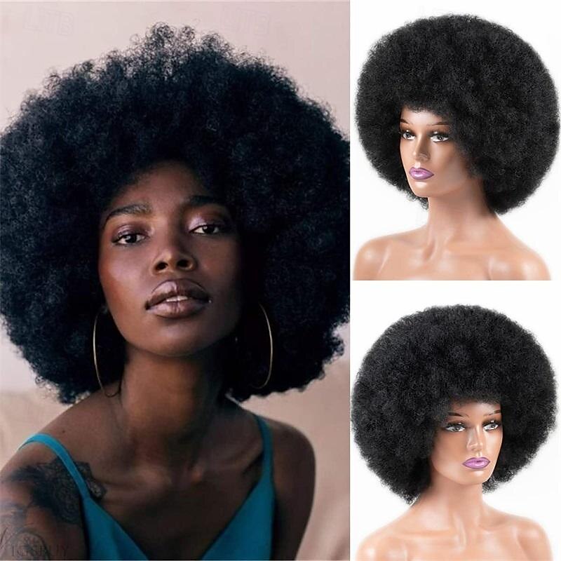 Peruca Afro Peruca Afro dos anos 70 para Mulheres Negras Perucas Cacheadas Kinky com Franjas Peruca Curta e Cacheada Macia e Natural para Uso Diário Festa Perucas de Halloween de 2025 por $18.99 –P1
