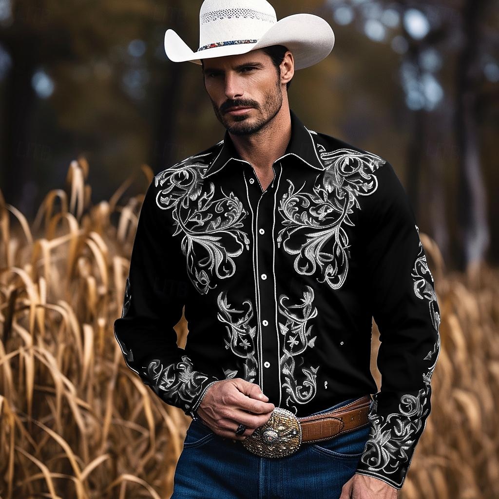 Men's Floral Graphic Prints Leaves Shirt Western Shirt Long Sleeve Shirt Turndown Outdoor Street Black Red Navy Blue Print Button-Down Clothing Apparel Fashion Streetwear Designer Western Style 2025 - $30.99 –P4