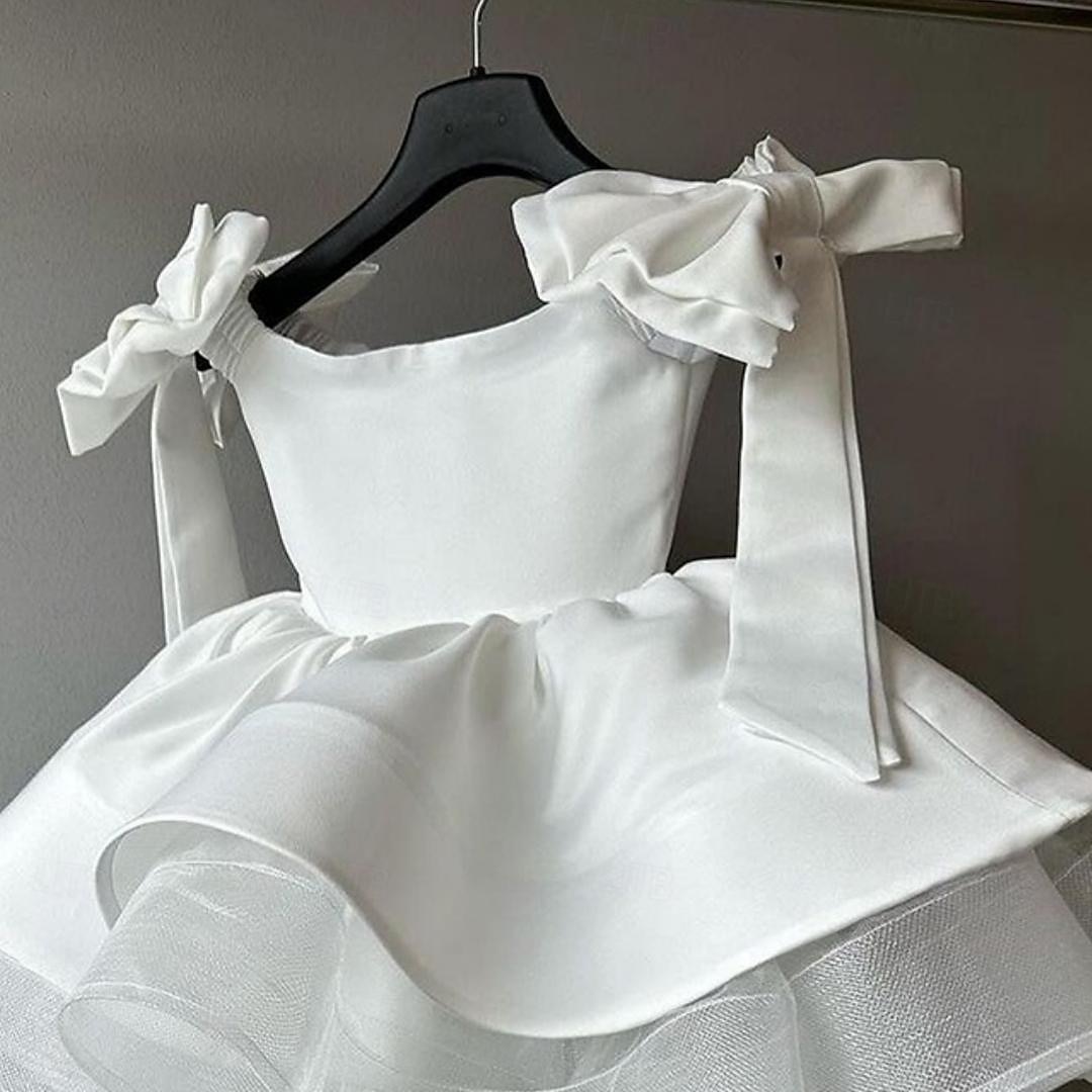 Blumenmädchenkleid Mädchen Party Kleid Leistung Hochzeit Party Prinzessin Süß Gitter Feste Farbe Ärmellos Schulterfrei Weiß 2-12 Jahre 2025 - $47.99 –P2