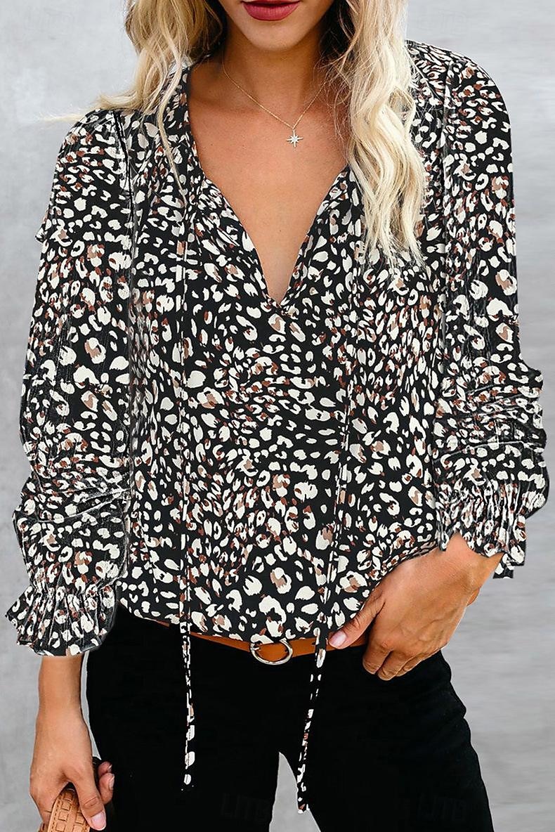 camicia da donna camicia boho camicetta moda floreale geometrico con lacci stampa manica lunga top regolari scollo a V casual festa nero bianco rosa vino rosso primavera& autunno del 2025 a $27.99 –P2