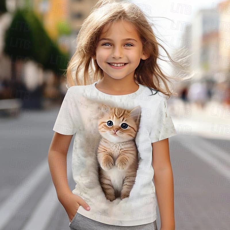 Dla dziewczynek 3D Kot T-shirt Koszule Krótki rękaw Druk 3D Lato Aktywny Moda Śłodkie Dzieci 3-12 lat Półgolf Na zewnątrz Codzienny Regularny 2025 - $11.99 –P6