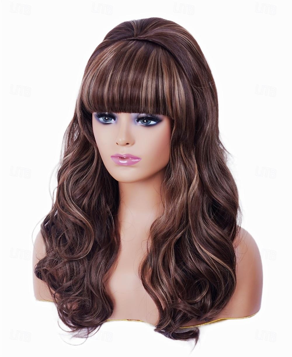 Lange braune Mischperücke mit Pony Retro Bouffant Duttperücken passend zu 80er Kostümen oder Karneval Partys Halloween Perücken 2025 - $23.99 –P2