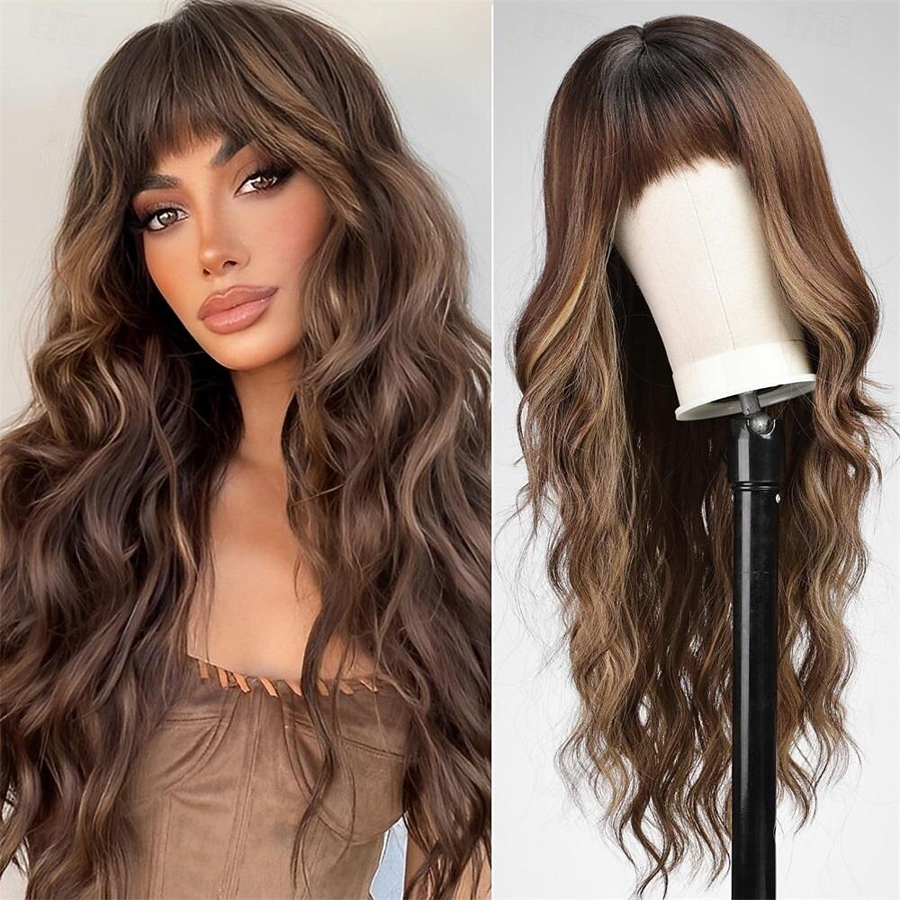 Ombre perucas loiras sujas com bangsash loira longa peruca ondulada para mulheres peruca de cabelo sintético longo encaracolado para festa uso diário 24in de 2025 por $29.99 –P7