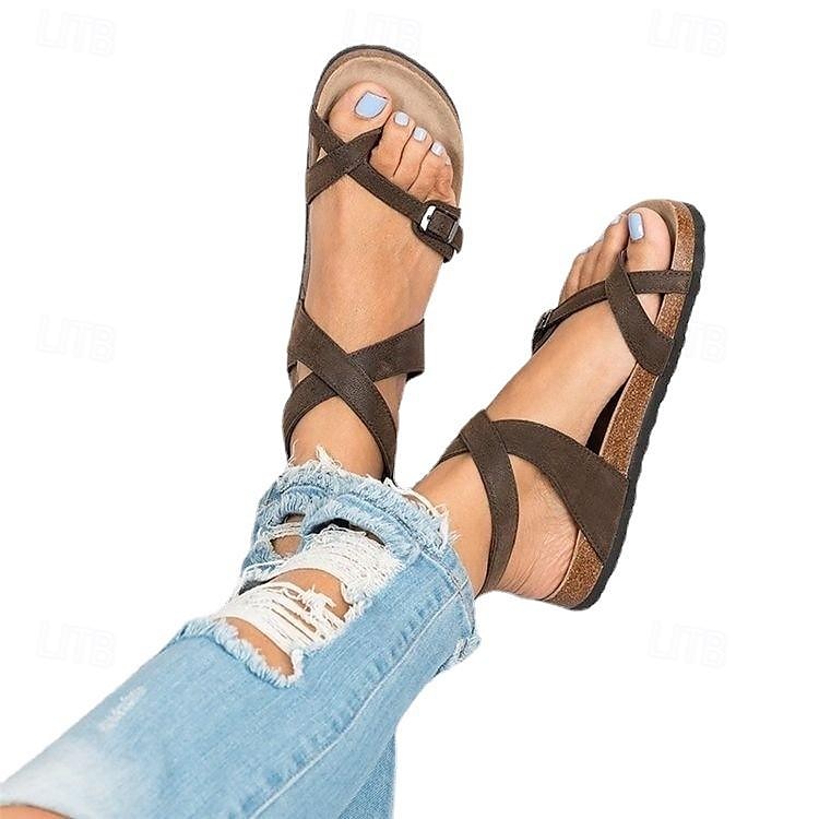 Sandalias planas de tiras marrones para mujer: cómoda suela de corcho con hebilla ajustable, calzado informal de playa para verano 2026 - $24.99 –P3