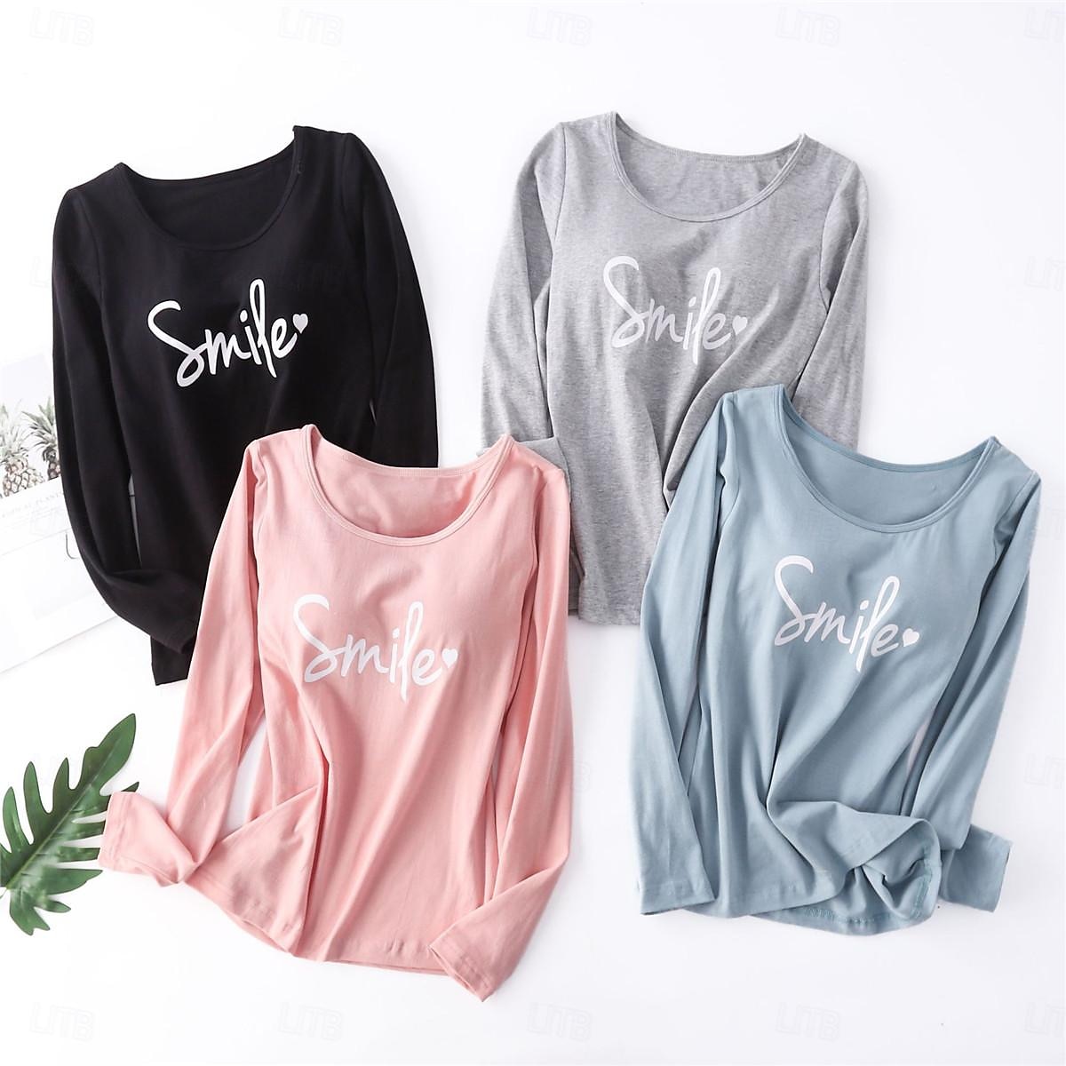 kvinnors pyjamasset brev mode komfort hem daglig säng bomull andas rund hals långärmad t-shirt t-shirt byxa bröstkuddar sommar vår hem outfits 2025 - $25.99 –P2