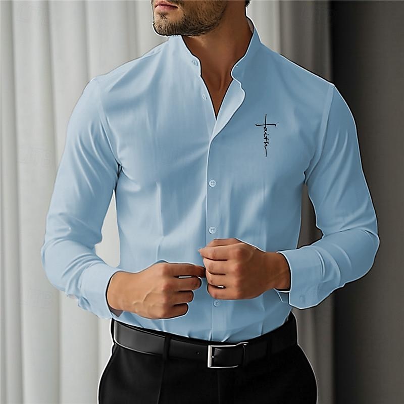 Voor heren Bedrukte overhemden Geloof Straat Draag naar het werk Wit Blozend Roze blauw Lange mouw Opstaande boord Lente zomer Kleding Afdrukken 2025 - $25.99 –P12