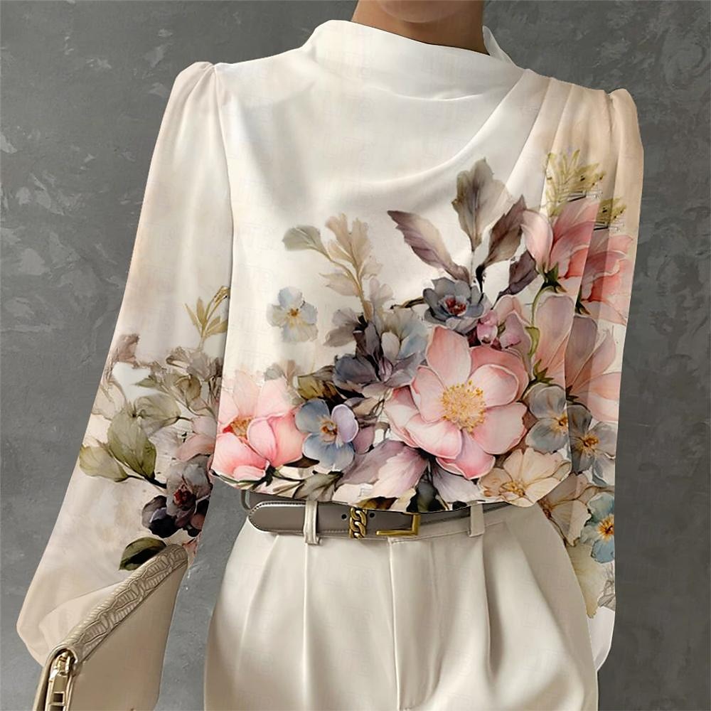 Blouse Femme Longue Manches Mode Imprimé Floral Tops Régulier Col Rond Travail Blanc Rose Bleu Vert Printemps  Automne de 2025 ? $32.99 –P6