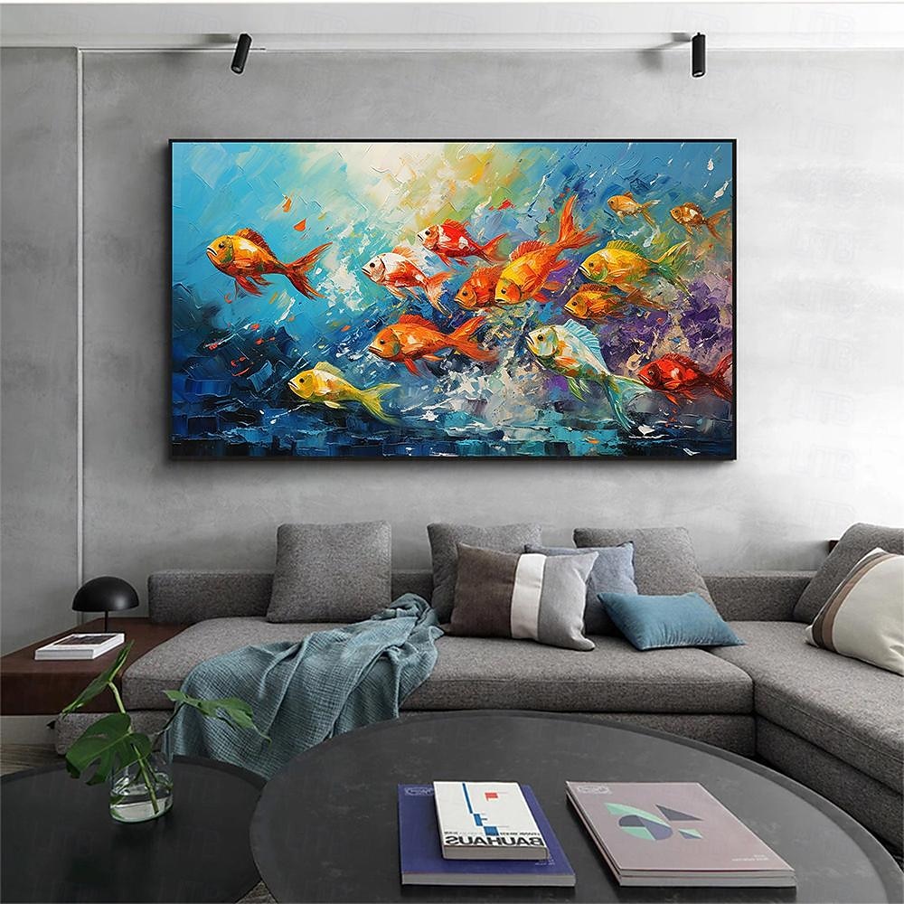 Peinture à l'huile de poissons nageurs peints à la main sur toile, peinture animale extra large, art mural fait à la main, art abstrait de poisson, peinture personnalisée, décoration minimaliste pour de 2025 ? $61.99 –P3