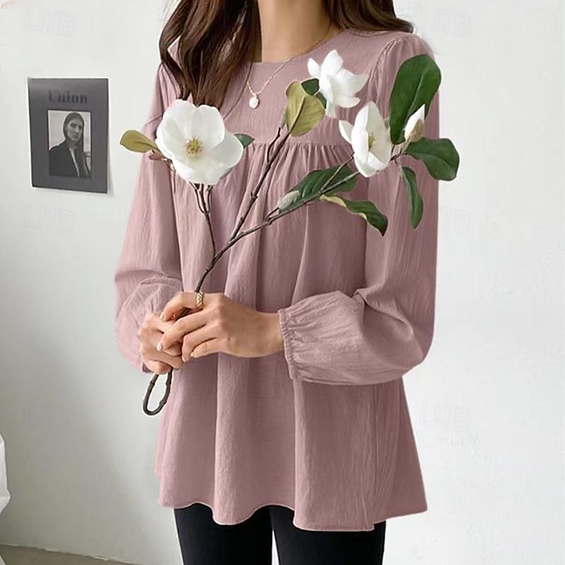 Leinenhemd Langes Baumwolltop Weißes Baumwolltop Weiße Baumwollbluse Damen Weiß Rosa Armeegrün Einfarbig Puffärmel Straße Täglich Mode Rundhals Baumwoll-Leinen Normale Passform S 2025 - $24.99 –P6