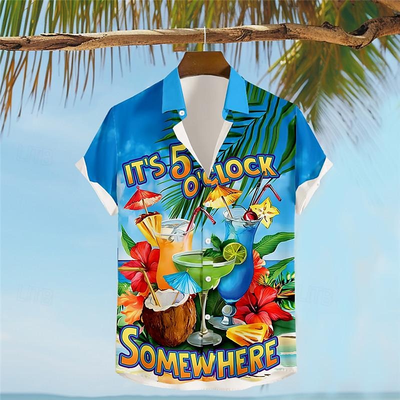 Men's Letter Parrot Drink Shirt Summer Hawaiian Shirt Aloha Shirt Short Sleeve Shirt Turndown Vacation Hawaiian Resort Style Outdoor Vacation Hawaiian Blue Sky Blue Purple S M L 2025 - $24.99 –P10