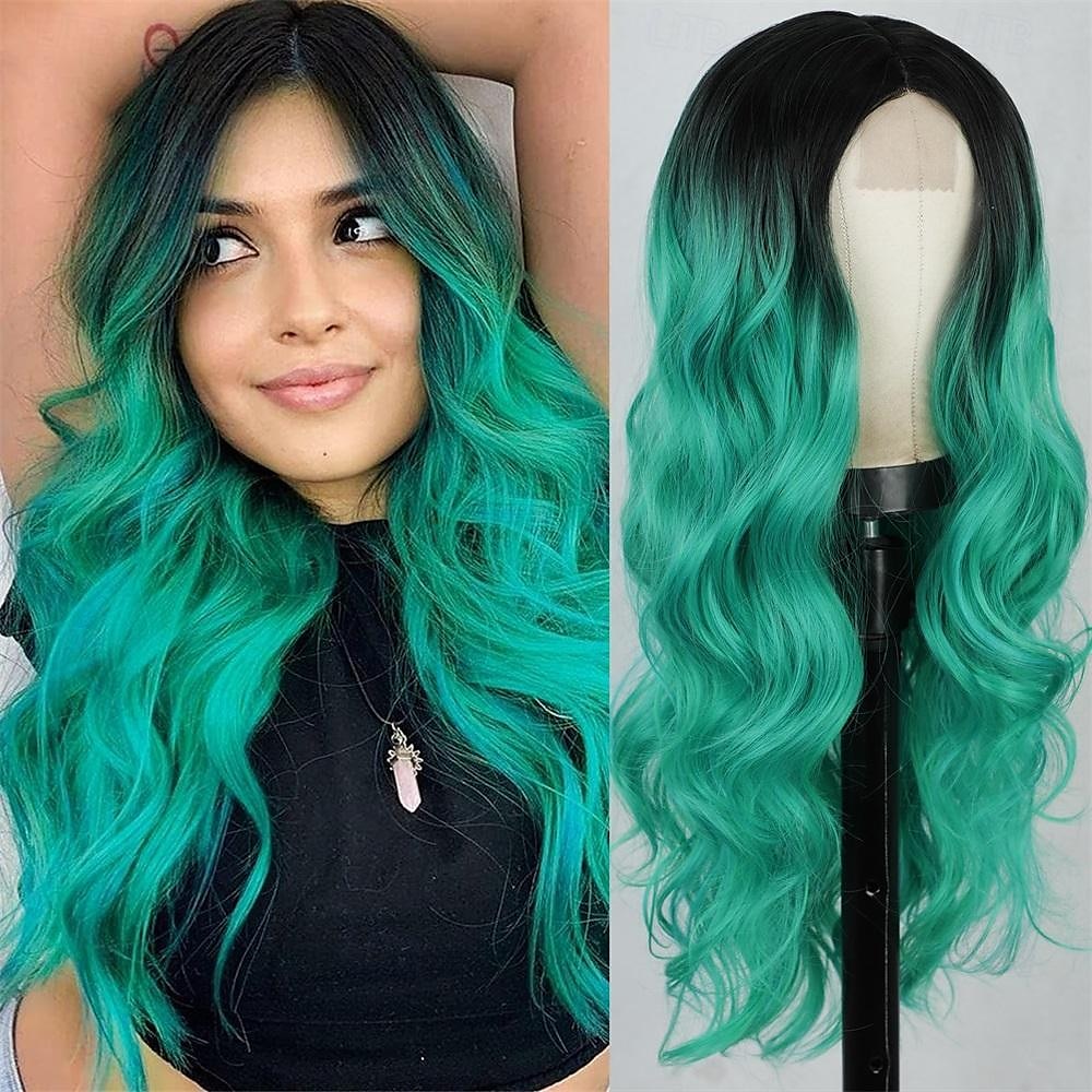 Perruque longue ondulée pour femme - Vert ombré - Partie centrale - Bleu sarcelle - Cheveux synthétiques longs bouclés résistants à la chaleur avec naissance des cheveux naturelle - Pour cosplay, de 2025 ? $21.99 –P1