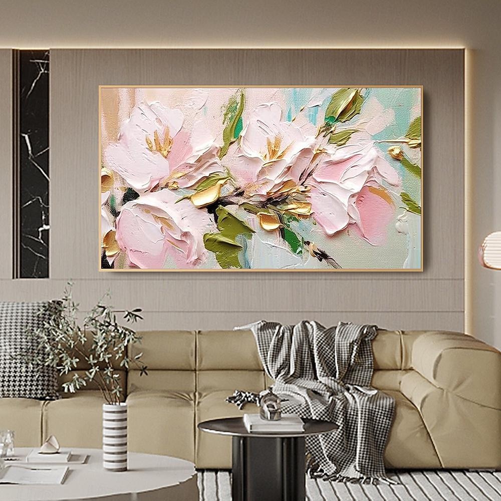 Hand painted 3D Flower Textured oil painting Wall Art Abstrat Pink Gold ...
