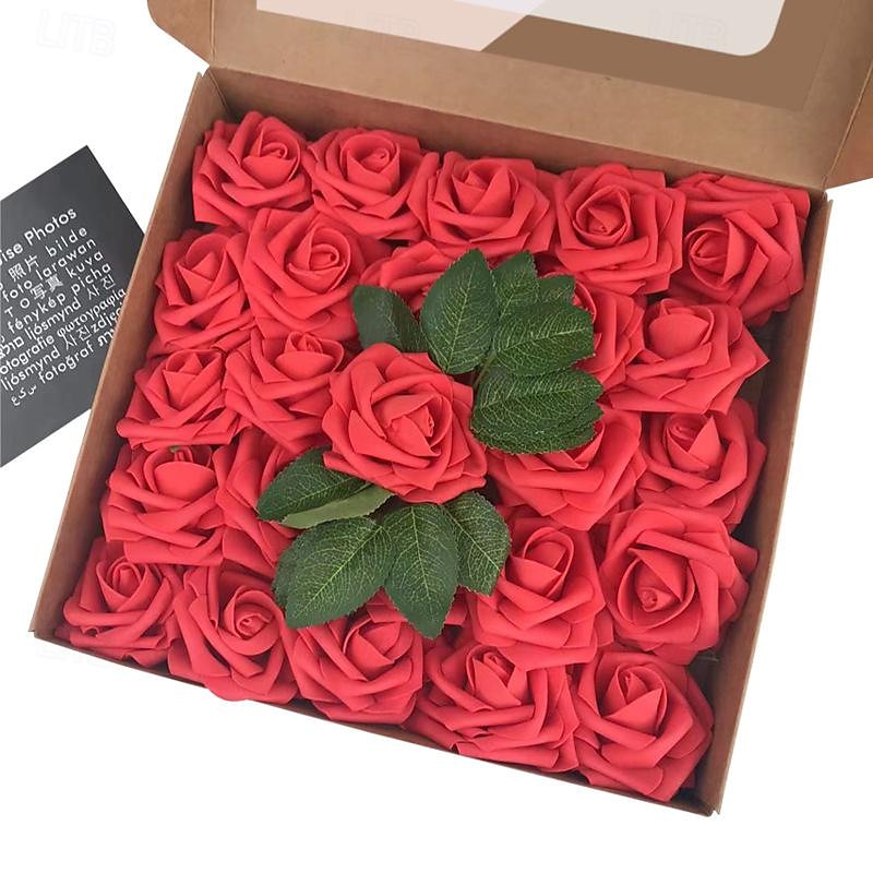 25 de trandafiri cutie cadou europeana spuma pe trandafiri cu tulpina si suport pentru flori artificiale pentru ziua indragostitilor 2025 - $19.49 –P5