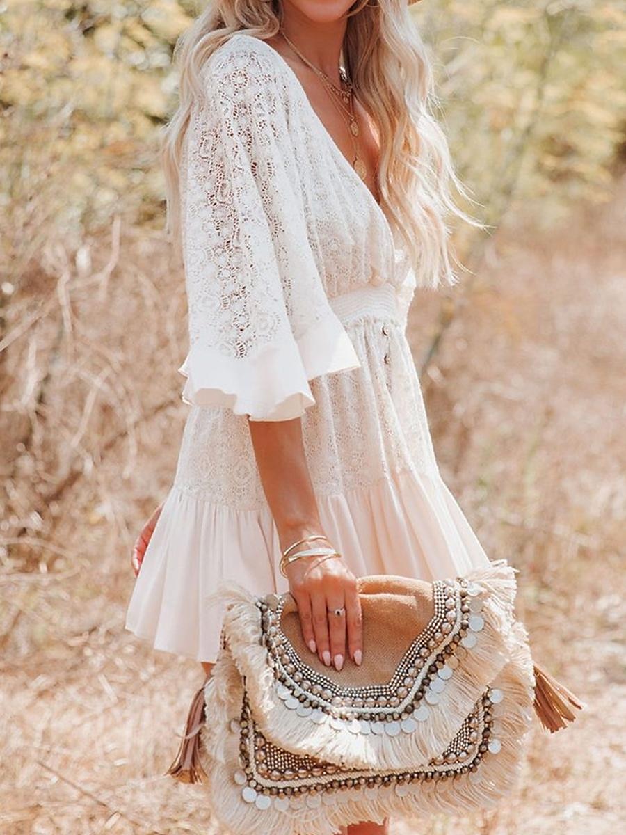 Women's Mini Dress White Dress Lace Dress Boho Chic Dresses Boho Dress Bohemia A Line Date Regular Fit 3/4 Length Sleeve V Neck Black White Yellow Pink Summer Spring 2025 - $41.99 –P2