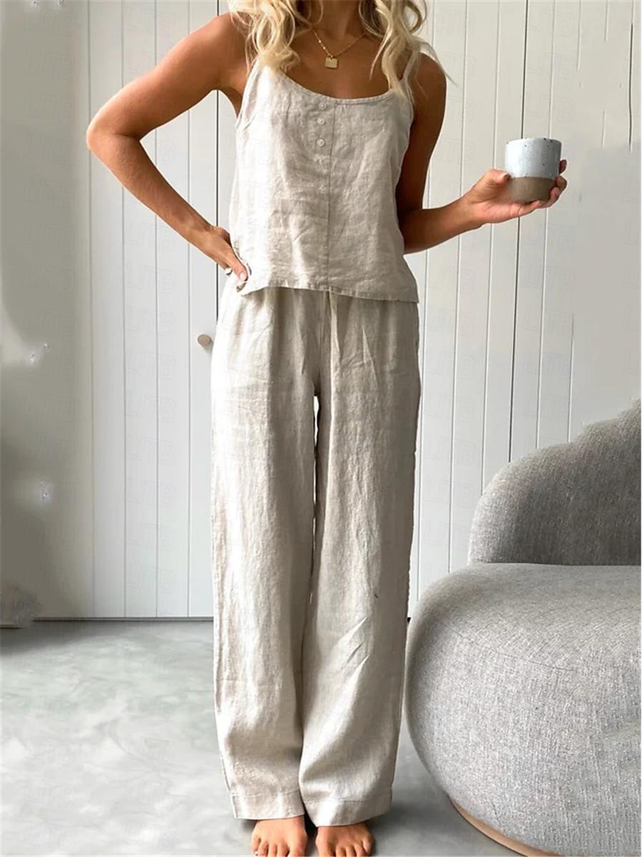 Conjuntos de pijama de dos piezas para mujer, sencillos, básicos, cómodos, de color puro, de algodón y lino, con tirantes, para uso diario en casa, para cama, sin mangas, con tirantes, en blanco, azul, gris claro, gris oscuro, para verano. 2025 - $33.99 –P3