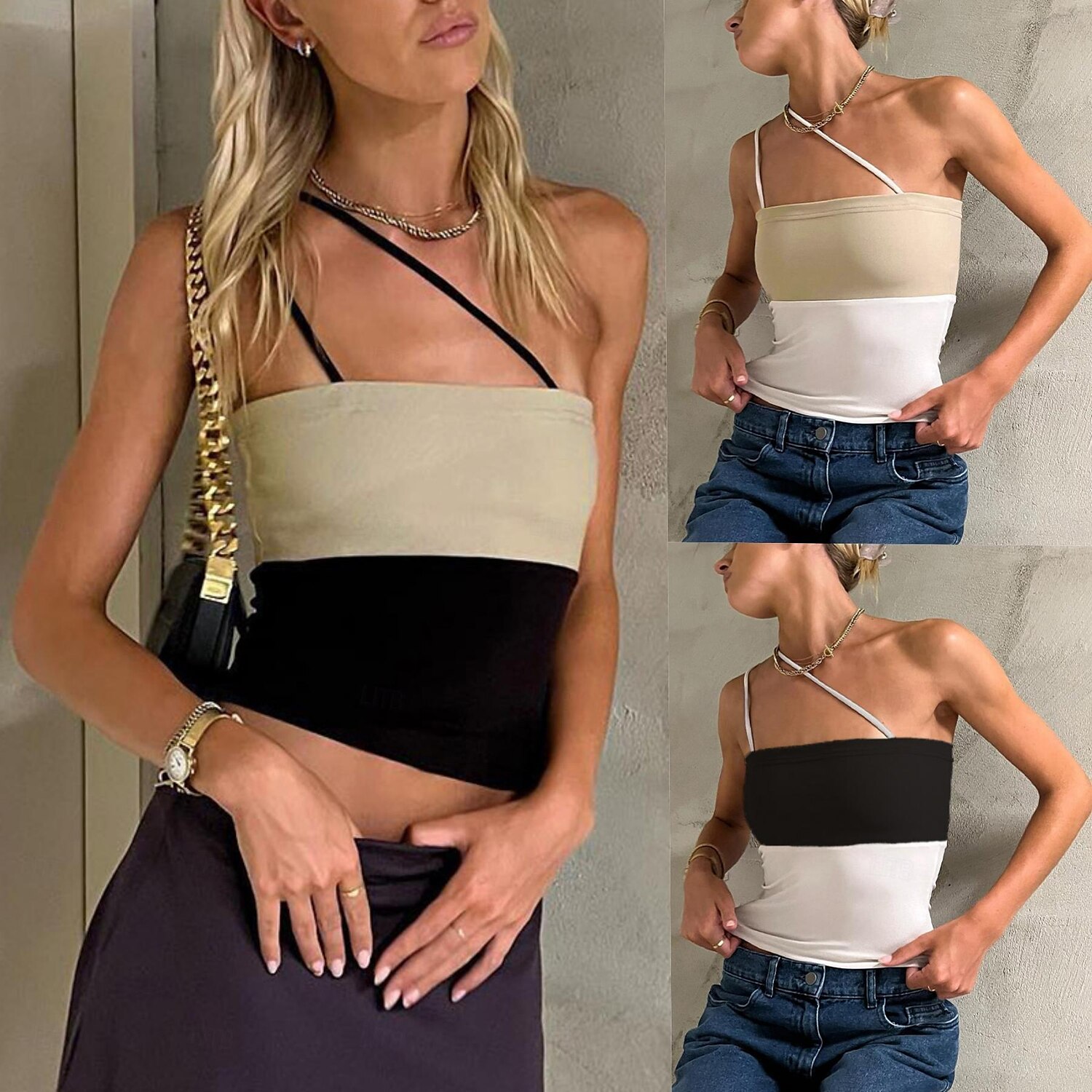 Damen Trägertop Tanktop Ärmellos Ärmellos Reguläre Tops Ein Schulter Leger Urlaub Unabhängigkeitstag Schwarz Weiß Khaki Frühling Sommer 2025 - $12.99 –P1