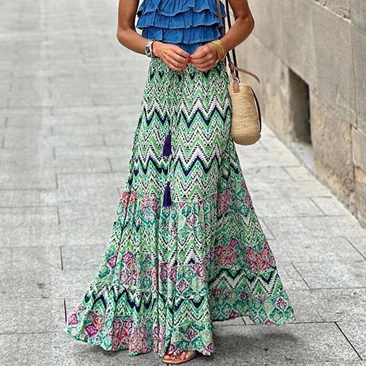 kvinners skjørt a line swing bohemia maxi skjørt med høyt midje blomsterprint geometrisk farge blokk street ferie sommer uformelt boho grønn 2025 - $26.99 –P3