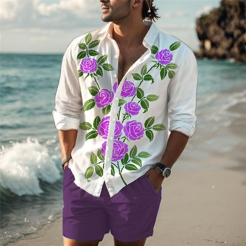 Herr Reste sig Skjorta Västerländsk skjorta Cowboyskjorta Långärmad Hawaiisk Ledigt Dagliga kläder Utekväll Vår Nedvikt Mönster Button-Down Rubinrött Blå Purpur Orange 2025 - $26.99 –P5