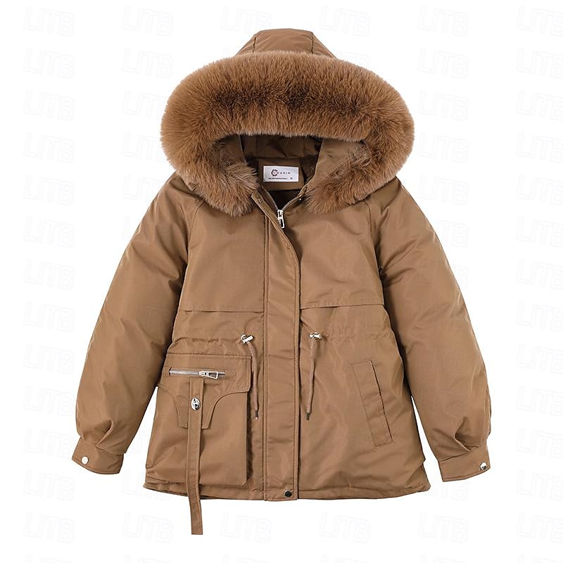 Women's Puffer Jacket Winter Fleece Parka with Collar Drawstring Zipper Coat Windproof Warm Hoodie Jacket with Pockets Fashion Street Outerwear Brown Black Khaki 2024 - $52.99 –P1