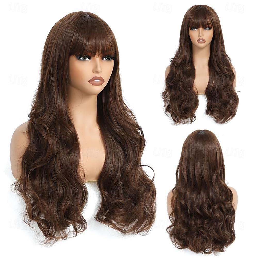 Perruque ondulée longue marron moyen avec frange pour femme 26 pouces d'aspect naturel en fibre synthétique résistante à la chaleur de remplacement de cheveux d'aspect naturel perruque longue ondulée de 2025 ? $29.99 –P2
