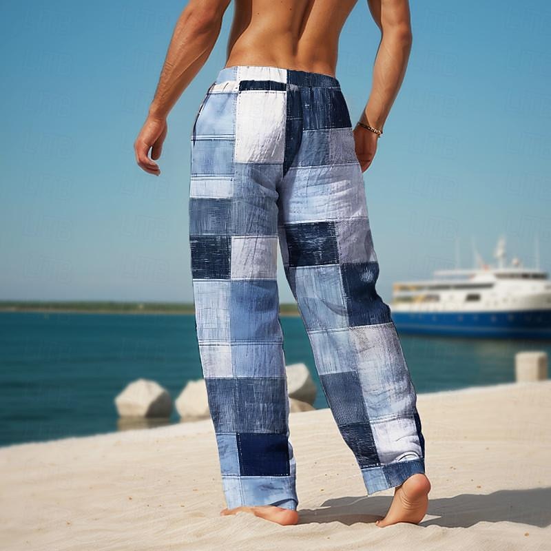 Pantalon décontracté imprimé en 3D à carreaux color block pour hommes, taille élastique, cordon de serrage, coupe ample, jambe droite, pantalon de plage d'été s à 3xl de 2026 ? $27.99 –P2
