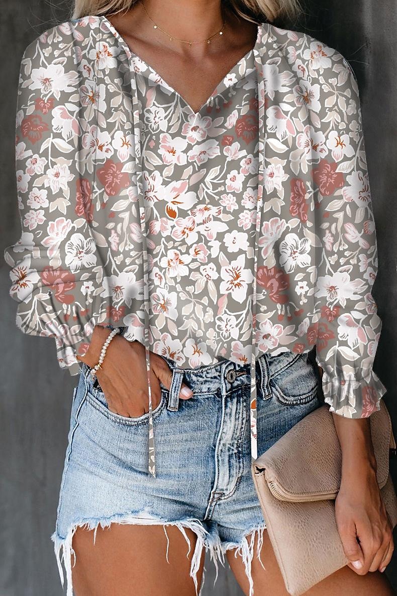 camicia da donna camicia boho camicetta moda floreale geometrico con lacci stampa manica lunga top regolari scollo a V casual festa nero bianco rosa vino rosso primavera& autunno del 2025 a $27.99 –P9