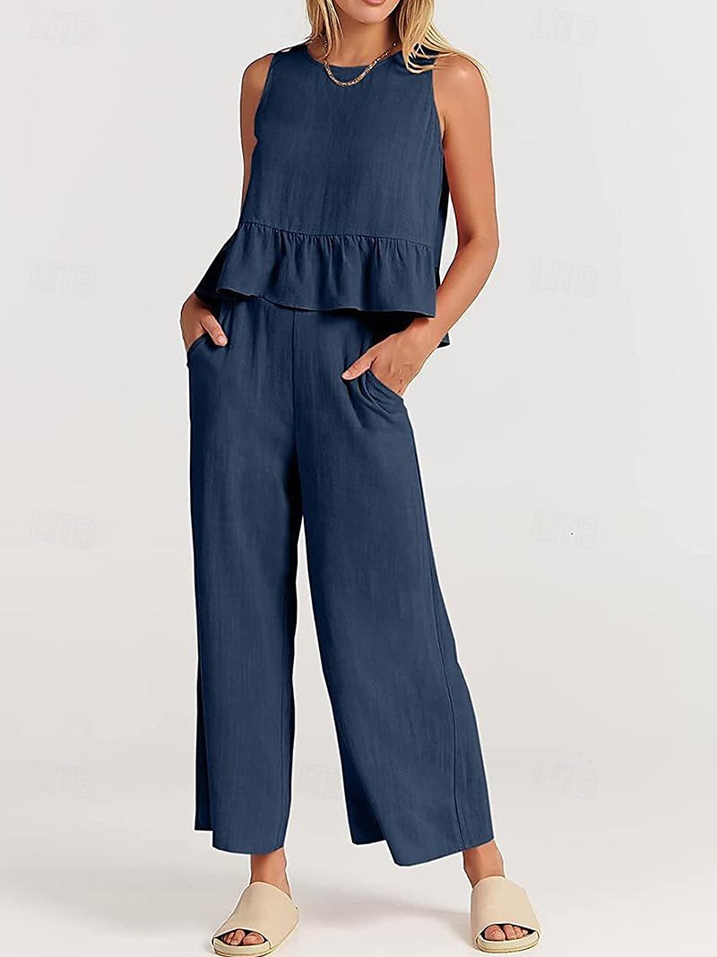 Linen Set Tank Cotton Linen Shirts Set Women's Black Army Green Navy Blue Solid Color Ruffle 2 Piece Street Daily Fashion Round Neck Cotton Linen Regular Fit S 2025 - $38.99 –P9