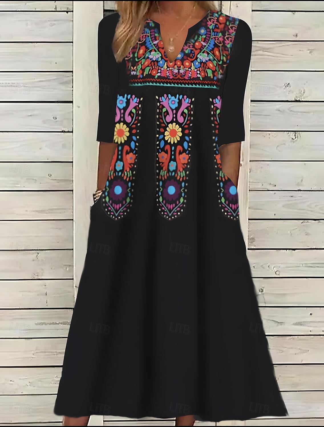 Mujer Vestido Midi Vestido Étnico Vestido de verano Vestido Estampado Vintage Étnico Tribal Exterior Diario Cita Ajuste regular Floral Tribal Media Manga cuello partido Negro Verano Primavera 2026 - $43.99 –P5